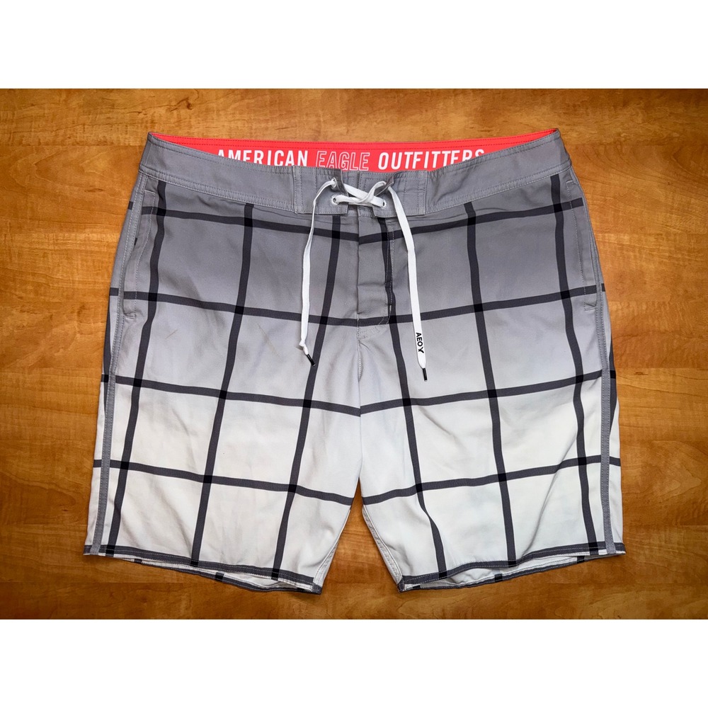 American Eagle Mens‎ XL Board Shorts Grey White Ombre Grid Swim Trunks 9 Inseam